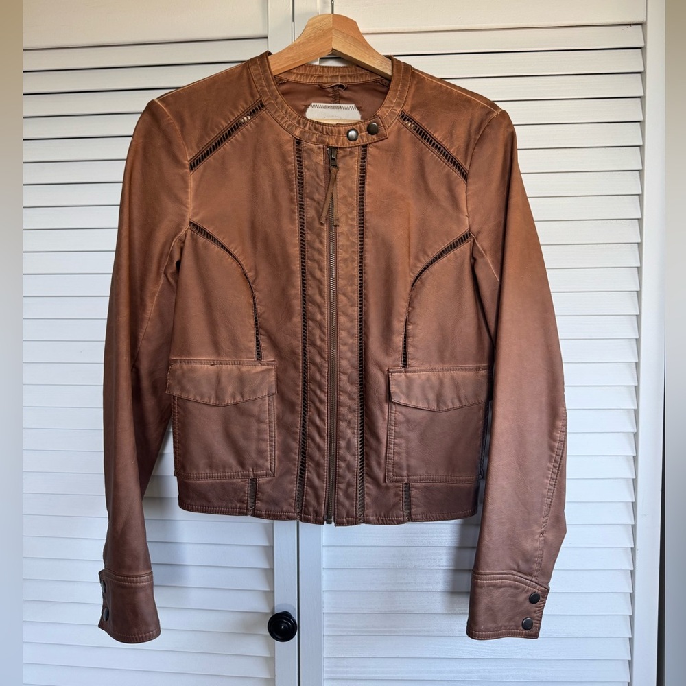 Hei Hei Anthropologie Brown Moto Jacket Petite Ribbed Hem Biker Full Zip | Small